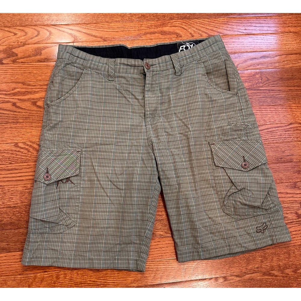 Fox Racing Deluxe Cargo Shorts Mens 38 Green Plaid 12" Skate Boardwalk Y2K